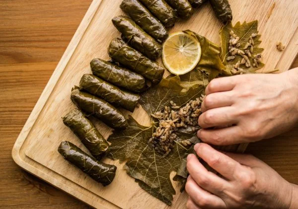 preparing dolmades greek vegan food