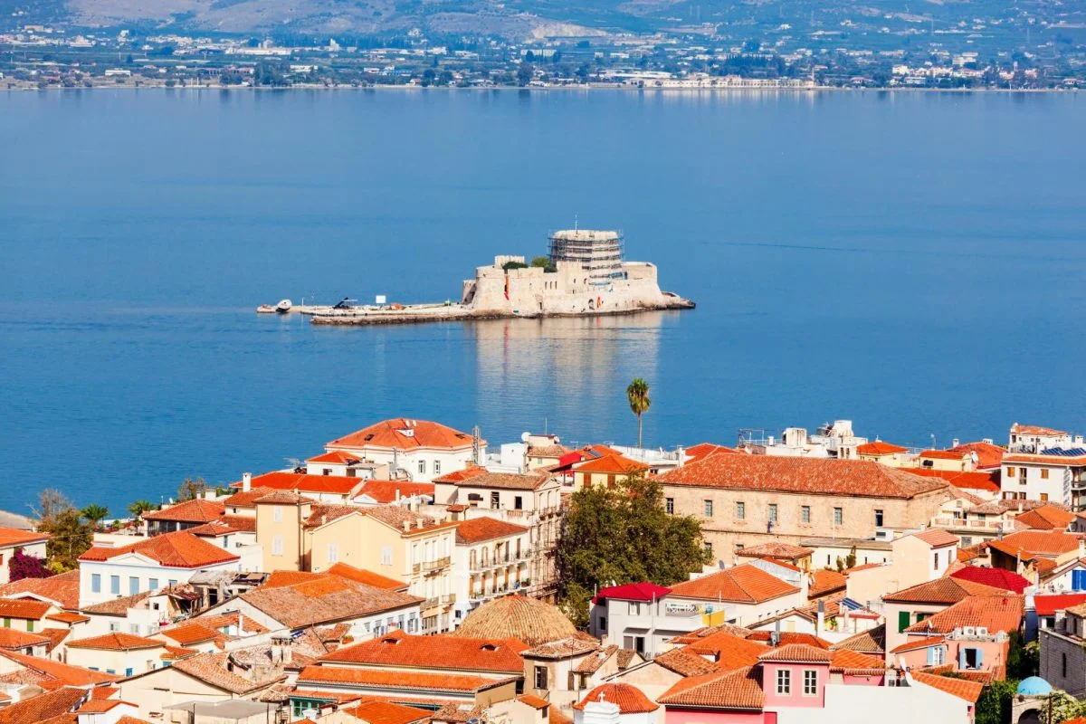 view of Bourtzi over rooftops Nafplio