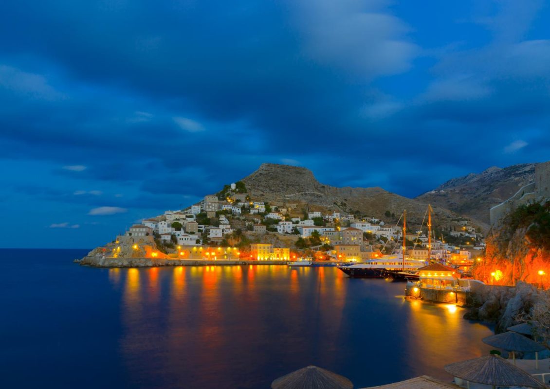 night view of Hydra harbour