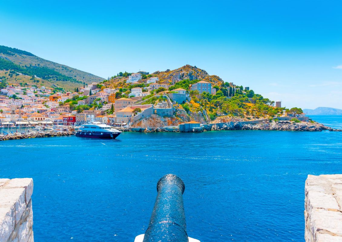 sea view of Hydras harbour and canon