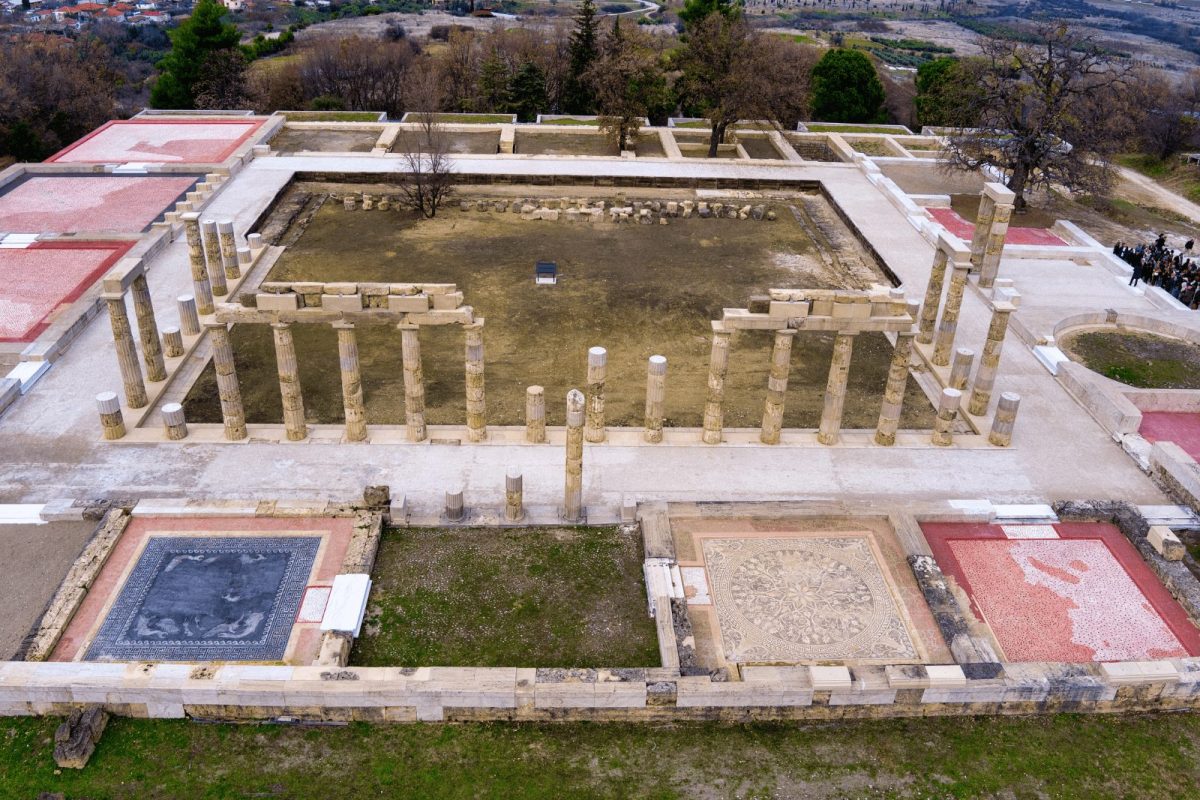 An aerial view of the Palace of Aigai following 16 years of restoration DP. The palace is where Alexander the Great was crowned king of the Macedonians-min