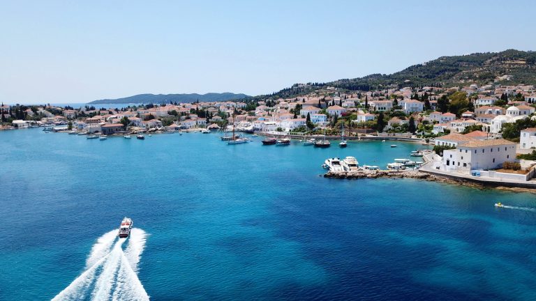A drone shot of the port and village in Spetses