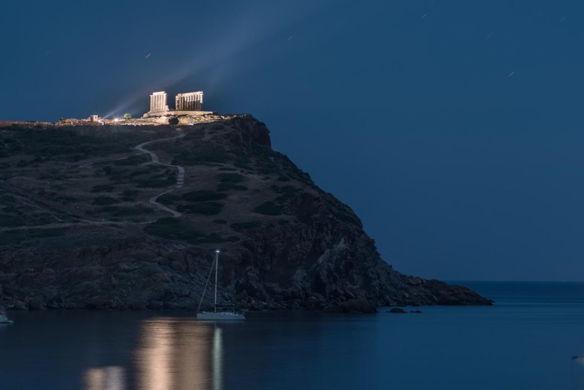 Temple of Poseidon in cape Sounio at night