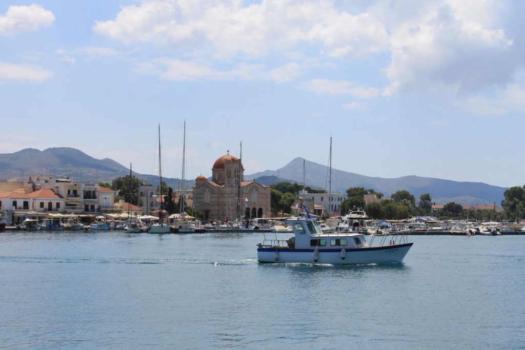 Aegina port boat church Greece