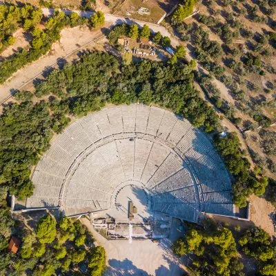 Aerial drone bird's eye view photo of Ancient amphitheater of Epidaurus at Peloponnese, Greece