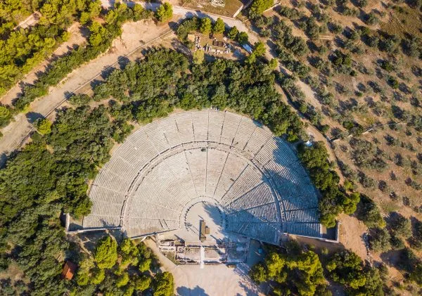 Aerial drone bird's eye view photo of Ancient amphitheater of Epidaurus at Peloponnese, Greece