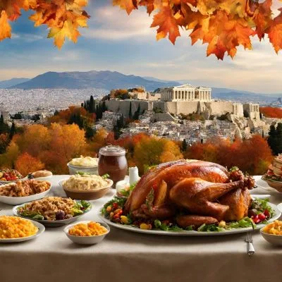 Acropolis Athens in the fall with Thanksgiving Turkey AI